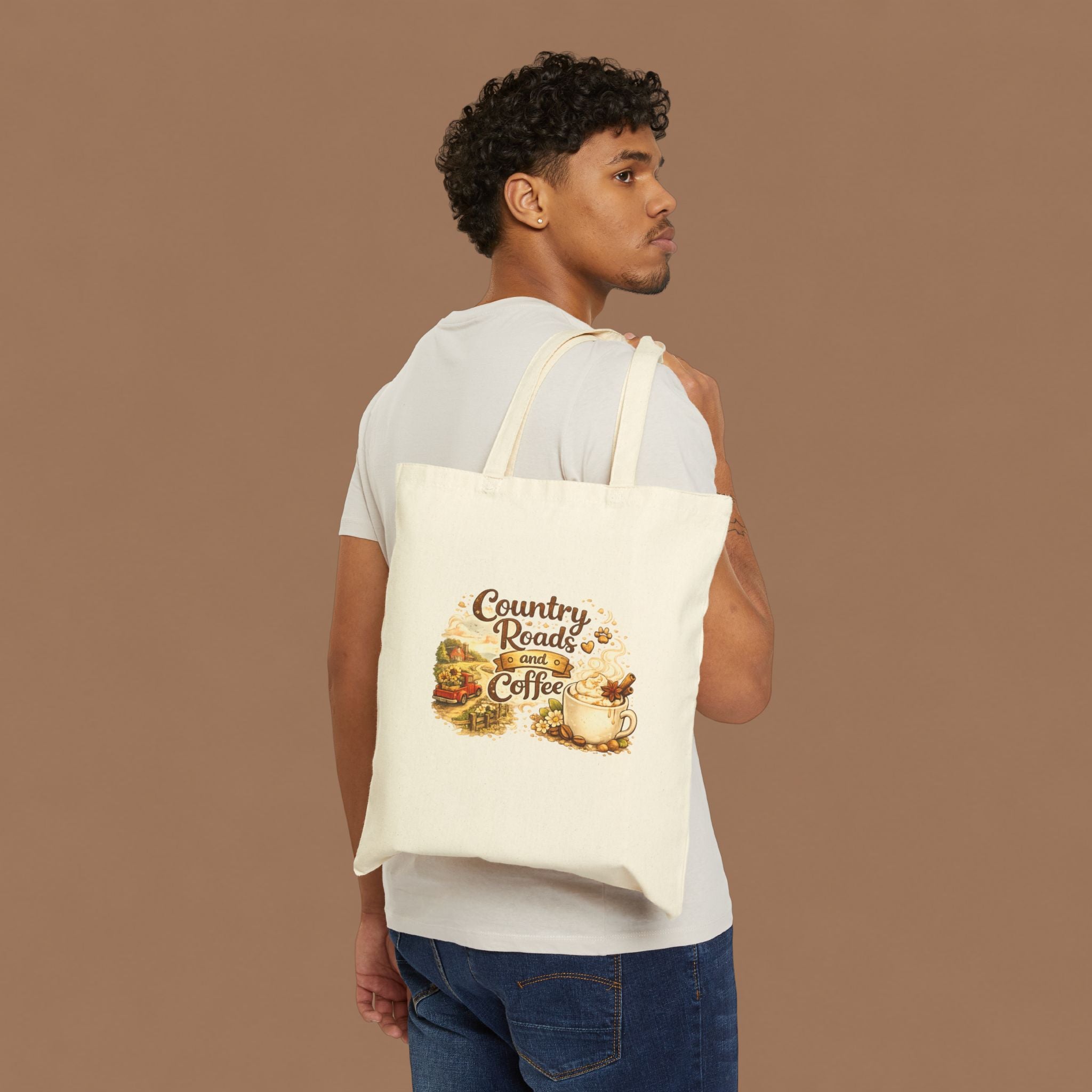 Tote Bag — "Country Roads and Coffee" Rustic Cotton Canvas Tote