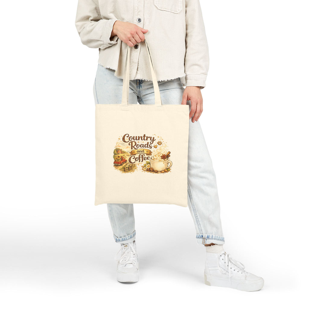 Tote Bag — "Country Roads and Coffee" Rustic Cotton Canvas Tote