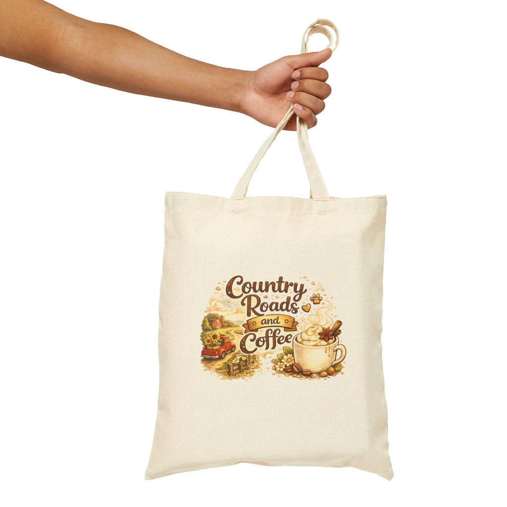 Tote Bag — "Country Roads and Coffee" Rustic Cotton Canvas Tote