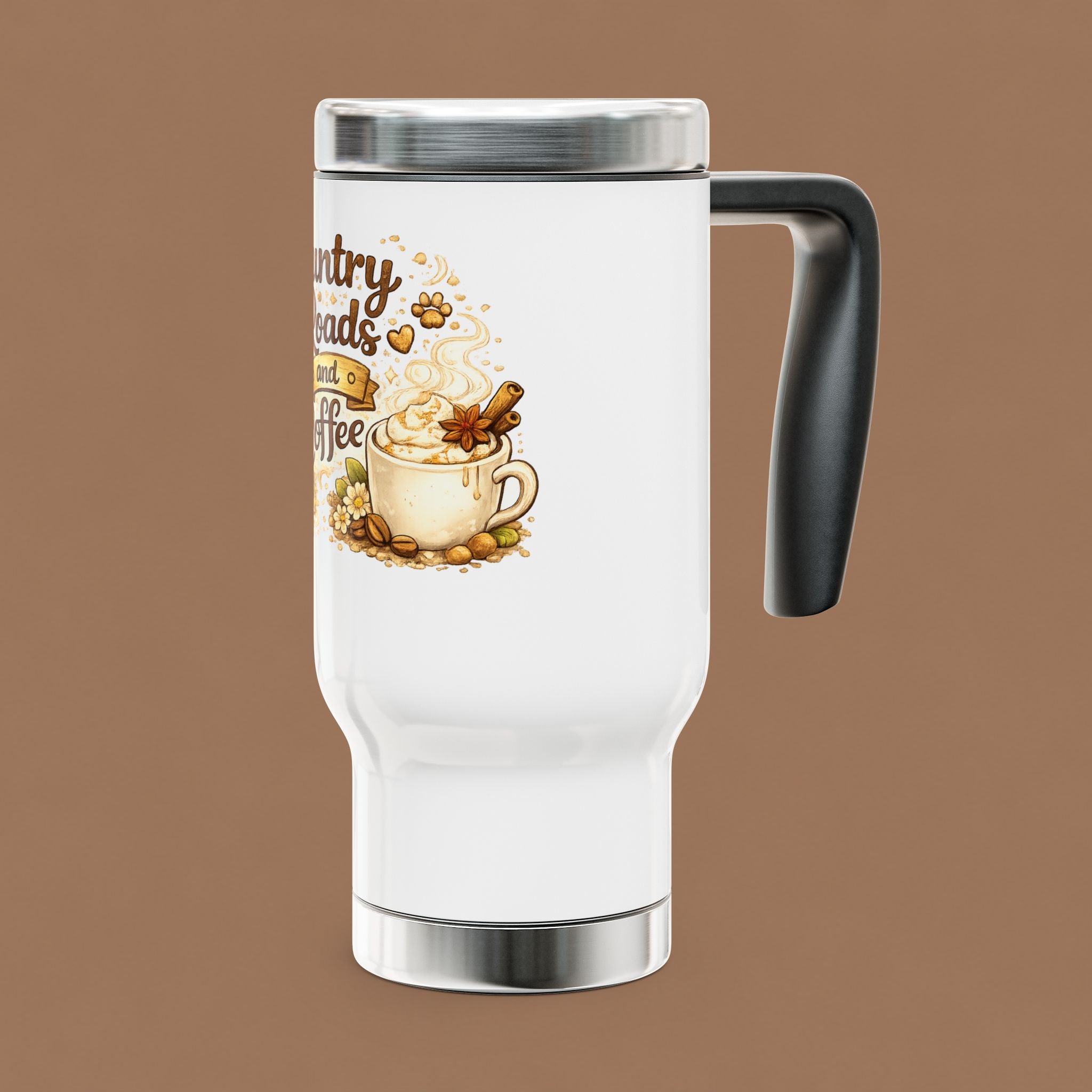 Coffee Travel Mug – "Country Roads and Coffee" 14oz Stainless Steel Tumbler with Handle