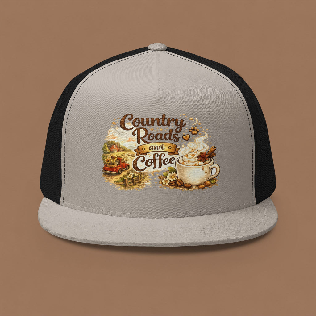 Country Roads and Coffee Trucker Hat — Rustic Coffee Lover Cap
