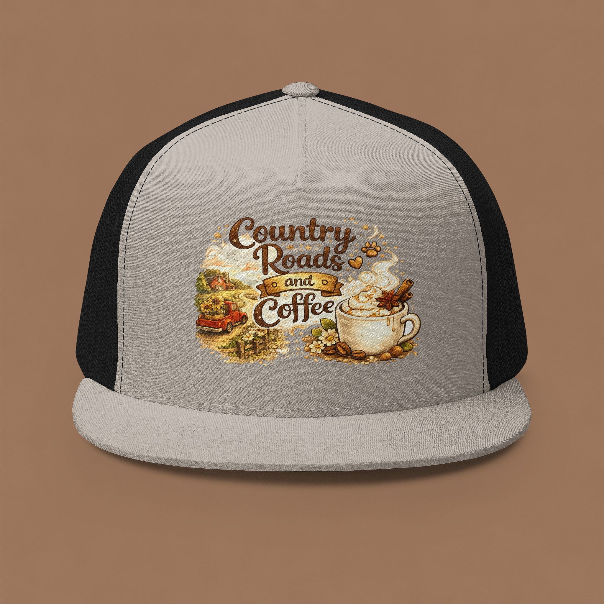 Country Roads and Coffee Trucker Hat — Rustic Coffee Lover Cap