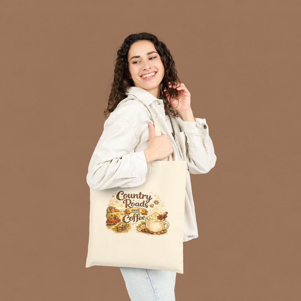 Tote Bag — "Country Roads and Coffee" Rustic Cotton Canvas Tote
