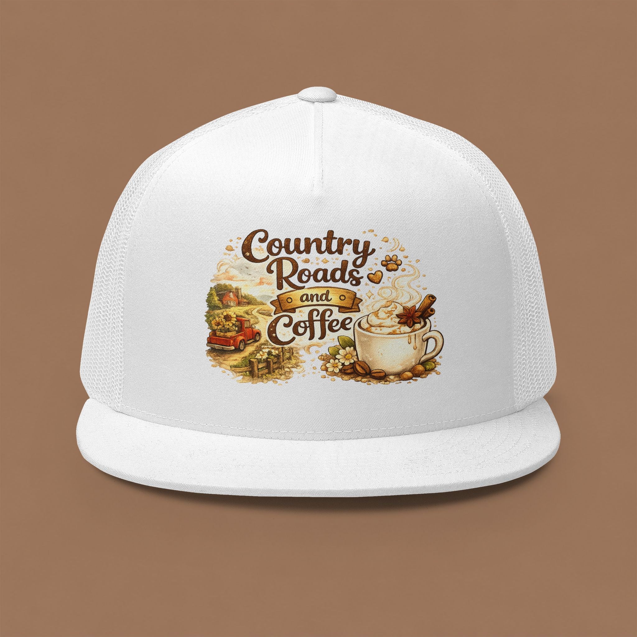 Country Roads and Coffee Trucker Hat — Rustic Coffee Lover Cap