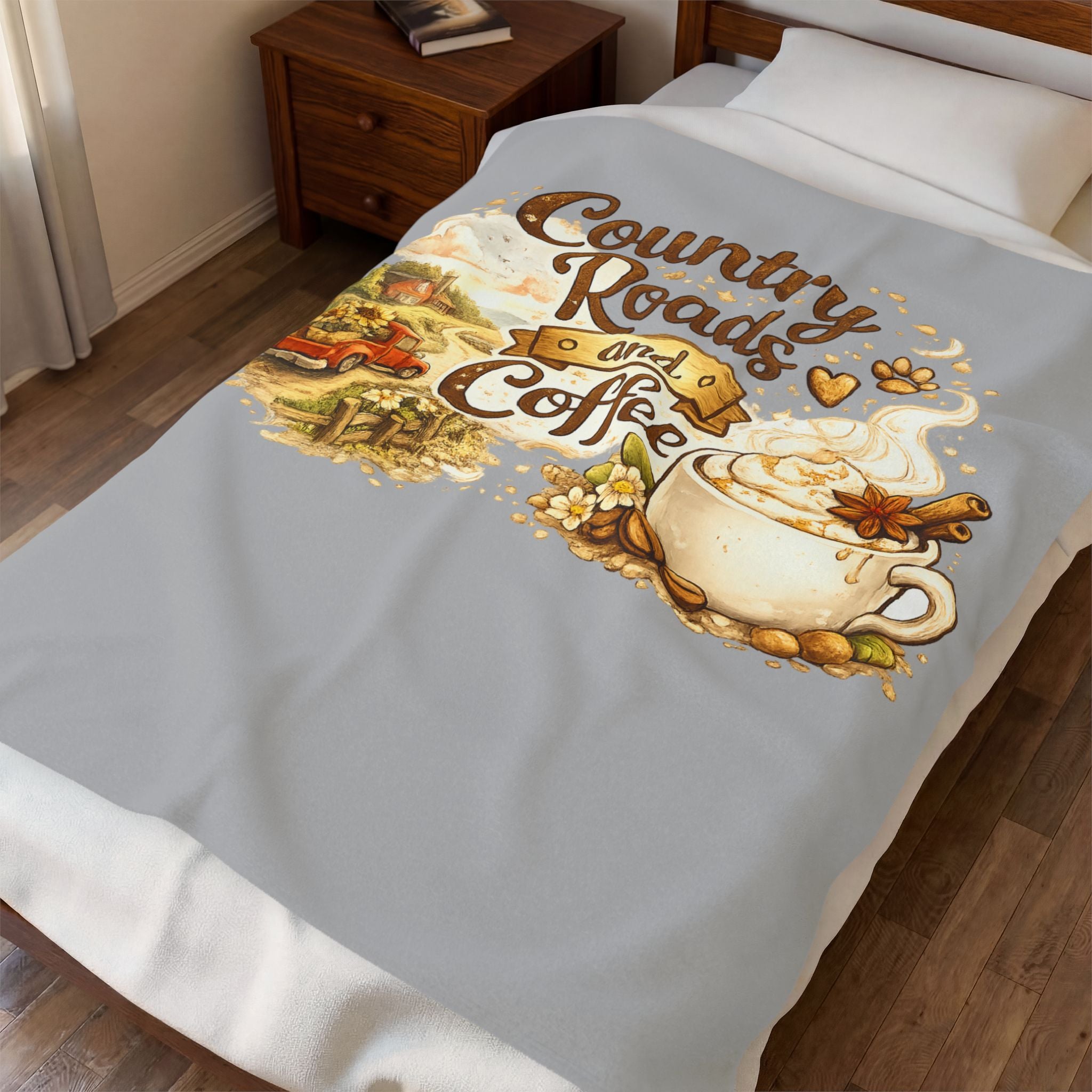 Country Roads and Coffee Velveteen Plush Blanket