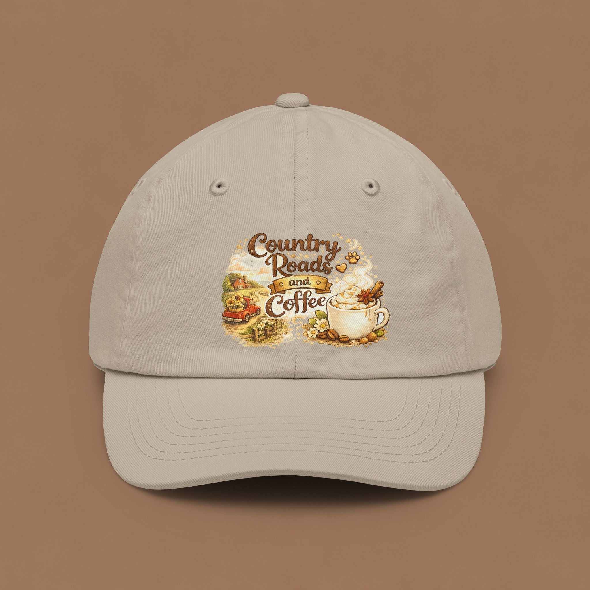 Coffee & Country Roads Dad Hat — Vintage Farmhouse Coffee Cap