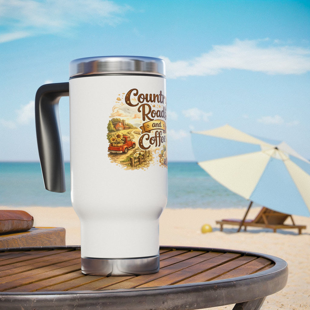 Coffee Travel Mug – "Country Roads and Coffee" 14oz Stainless Steel Tumbler with Handle