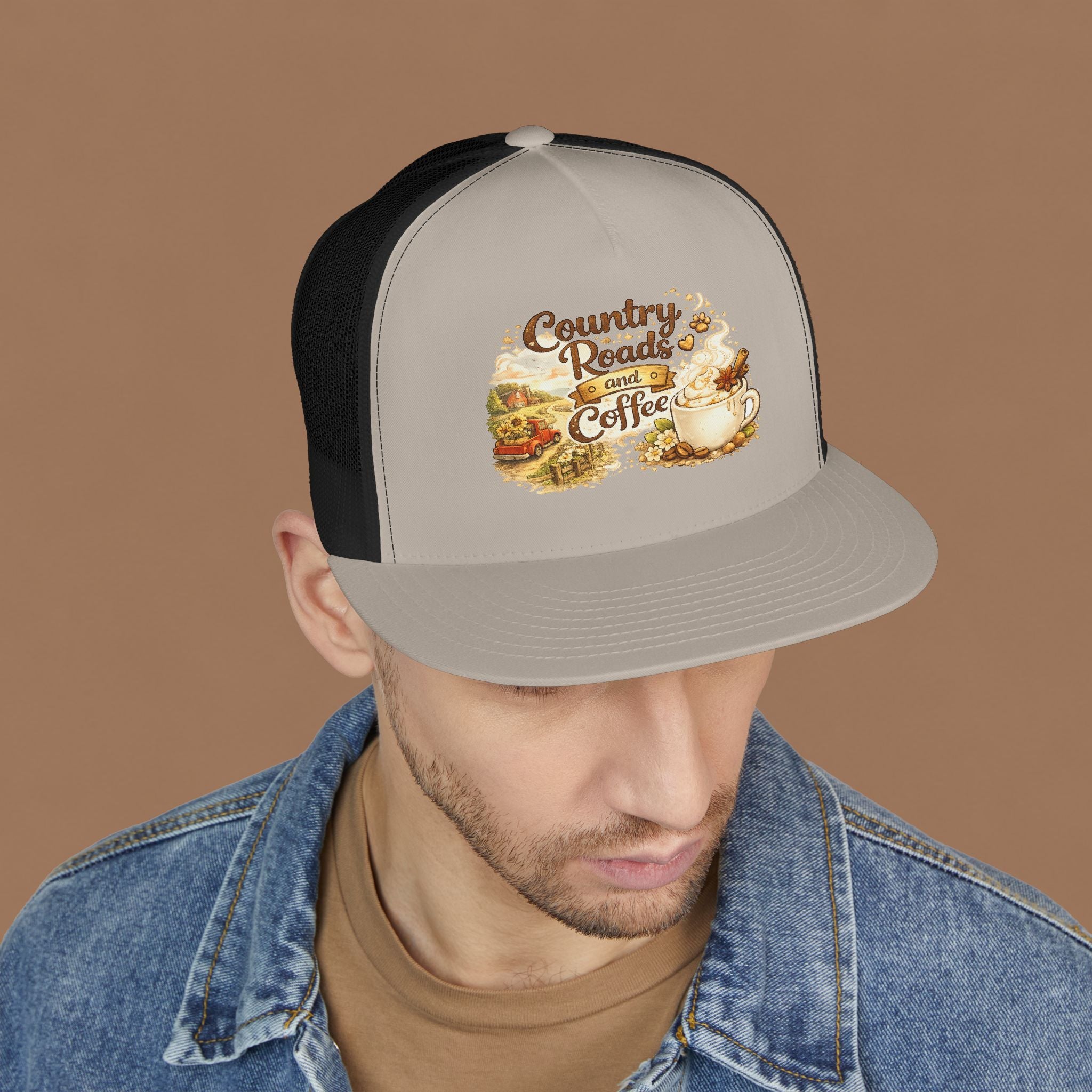 Country Roads and Coffee Trucker Hat — Rustic Coffee Lover Cap