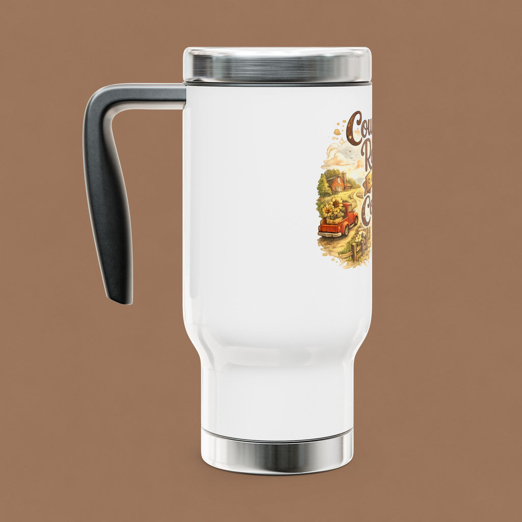 Coffee Travel Mug – "Country Roads and Coffee" 14oz Stainless Steel Tumbler with Handle