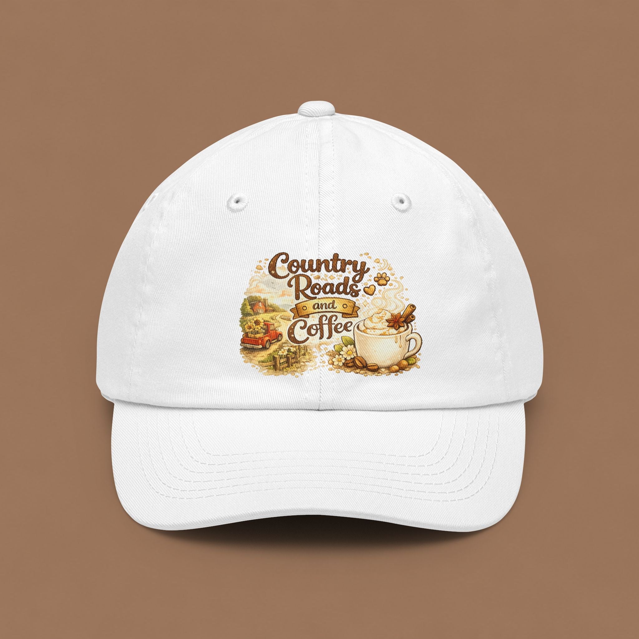 Coffee & Country Roads Dad Hat — Vintage Farmhouse Coffee Cap