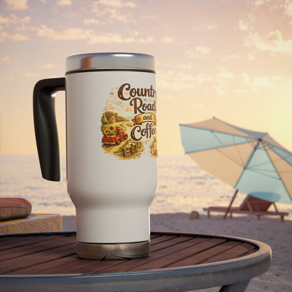 Coffee Travel Mug – "Country Roads and Coffee" 14oz Stainless Steel Tumbler with Handle