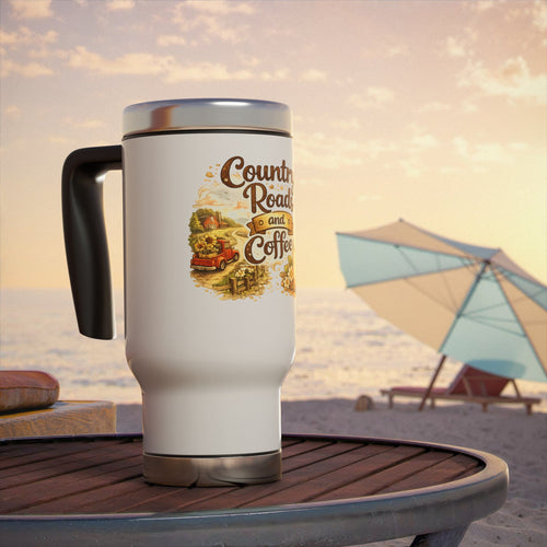 Coffee Travel Mug – "Country Roads and Coffee" 14oz Stainless Steel Tumbler with Handle