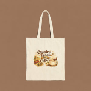 Tote Bag — "Country Roads and Coffee" Rustic Cotton Canvas Tote