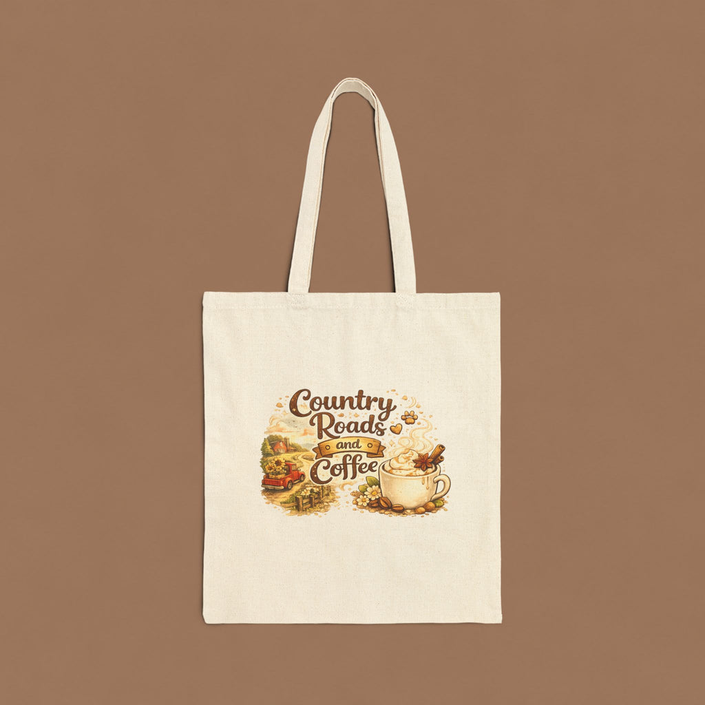 Tote Bag — "Country Roads and Coffee" Rustic Cotton Canvas Tote