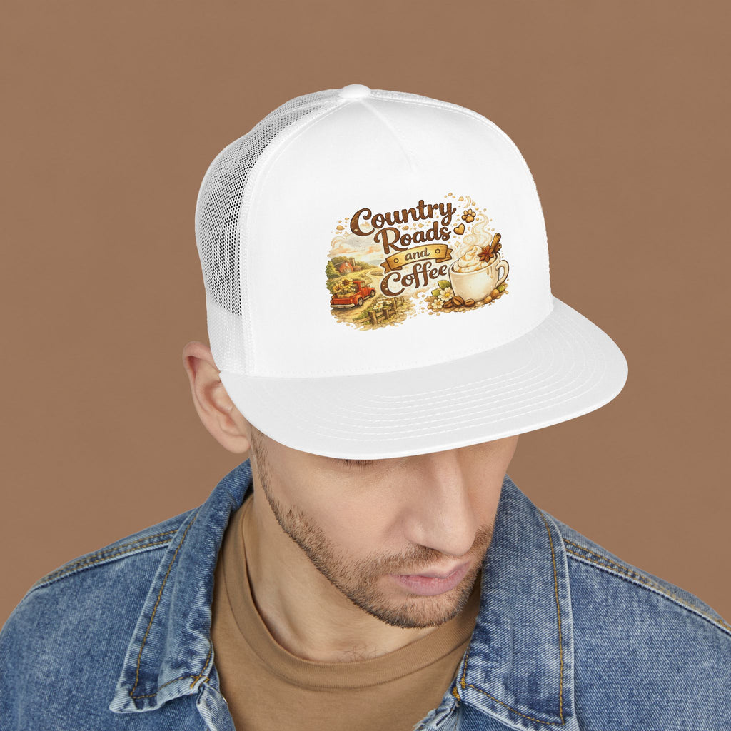Country Roads and Coffee Trucker Hat — Rustic Coffee Lover Cap