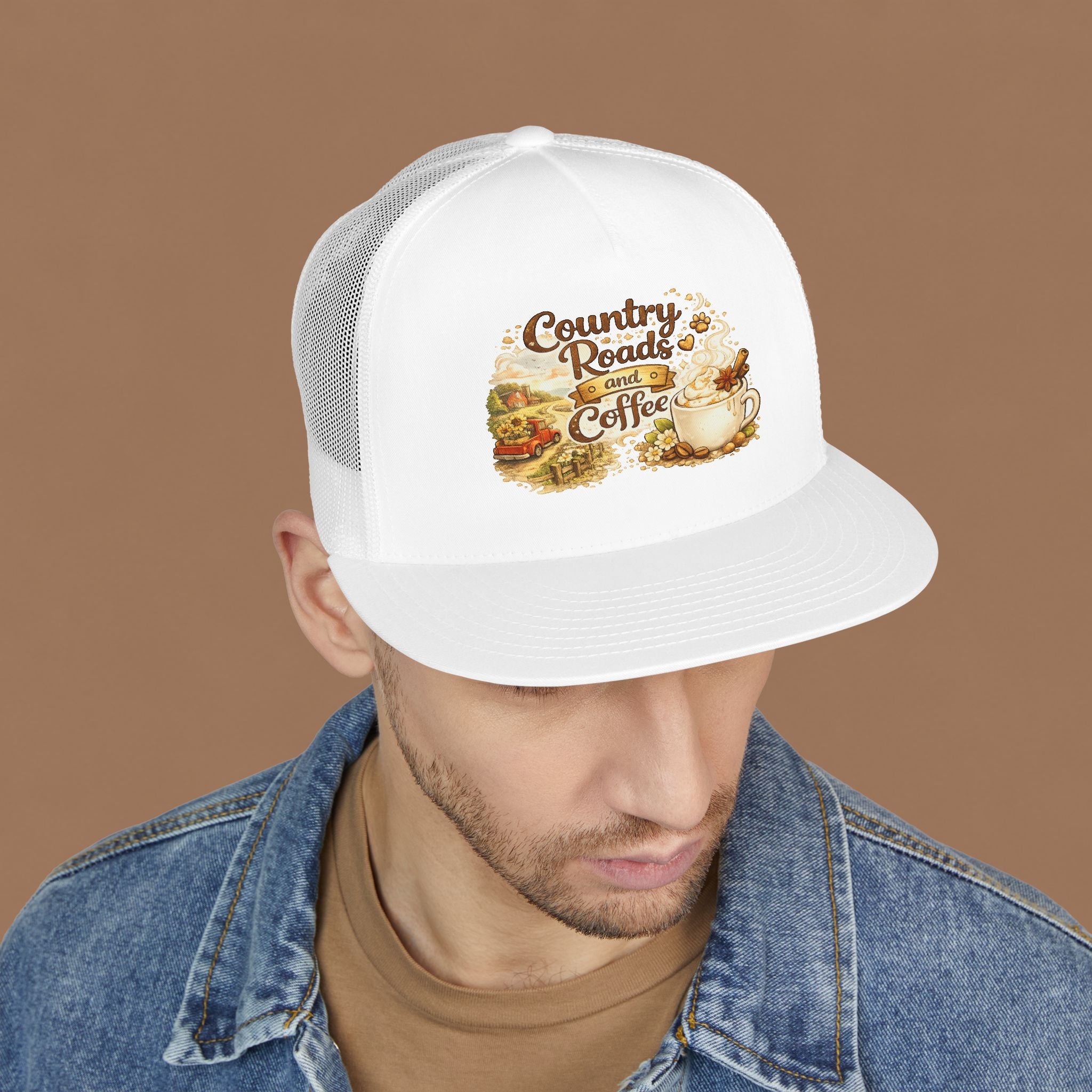 Country Roads and Coffee Trucker Hat — Rustic Coffee Lover Cap