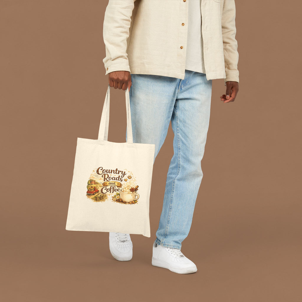 Tote Bag — "Country Roads and Coffee" Rustic Cotton Canvas Tote