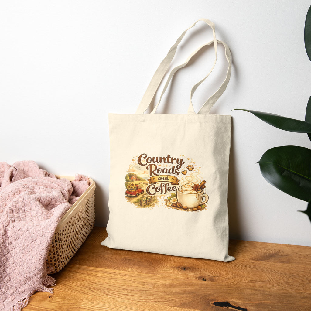 Tote Bag — "Country Roads and Coffee" Rustic Cotton Canvas Tote