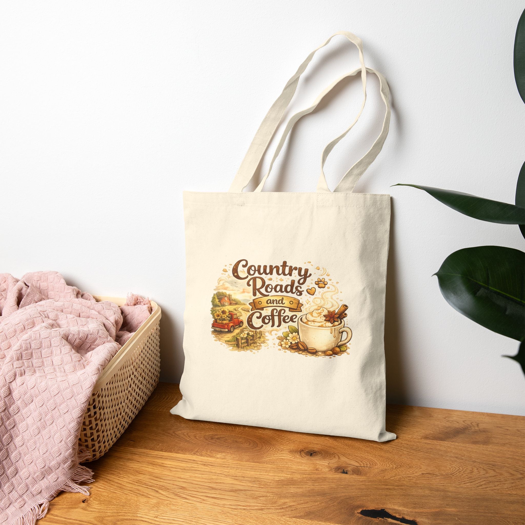 Tote Bag — "Country Roads and Coffee" Rustic Cotton Canvas Tote