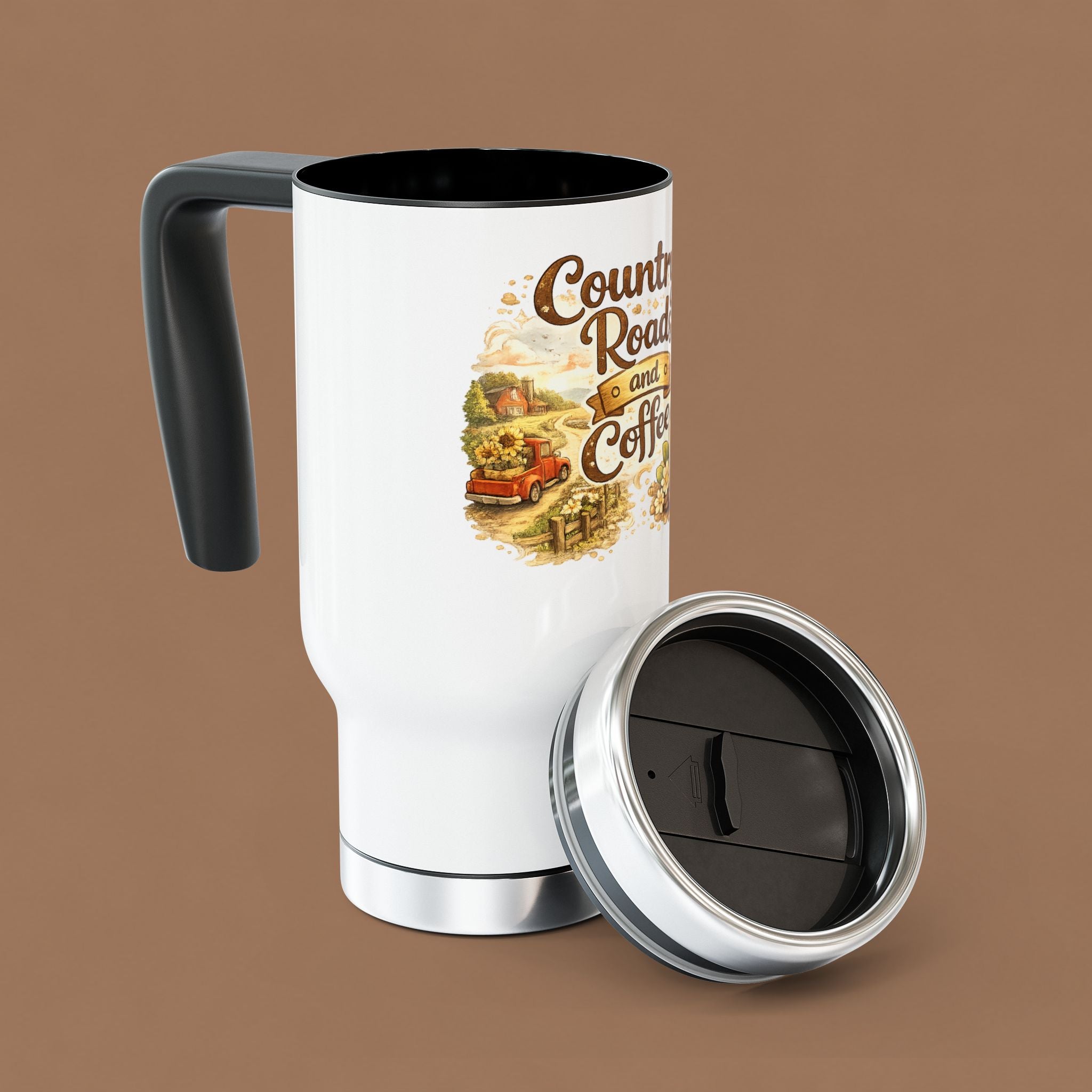 Coffee Travel Mug – "Country Roads and Coffee" 14oz Stainless Steel Tumbler with Handle